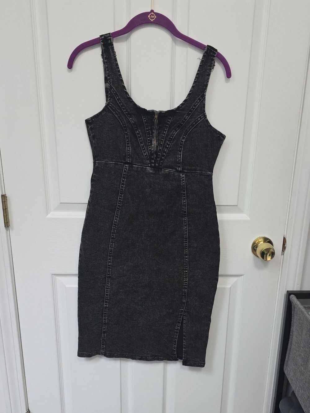 Sleeveless Black Denim Midi Dress with Front Zip Detail